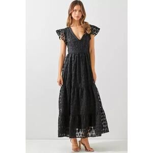 Baevely Layered Lace V-Neck Flutter Sleeve Maxi Dress Black Size Small